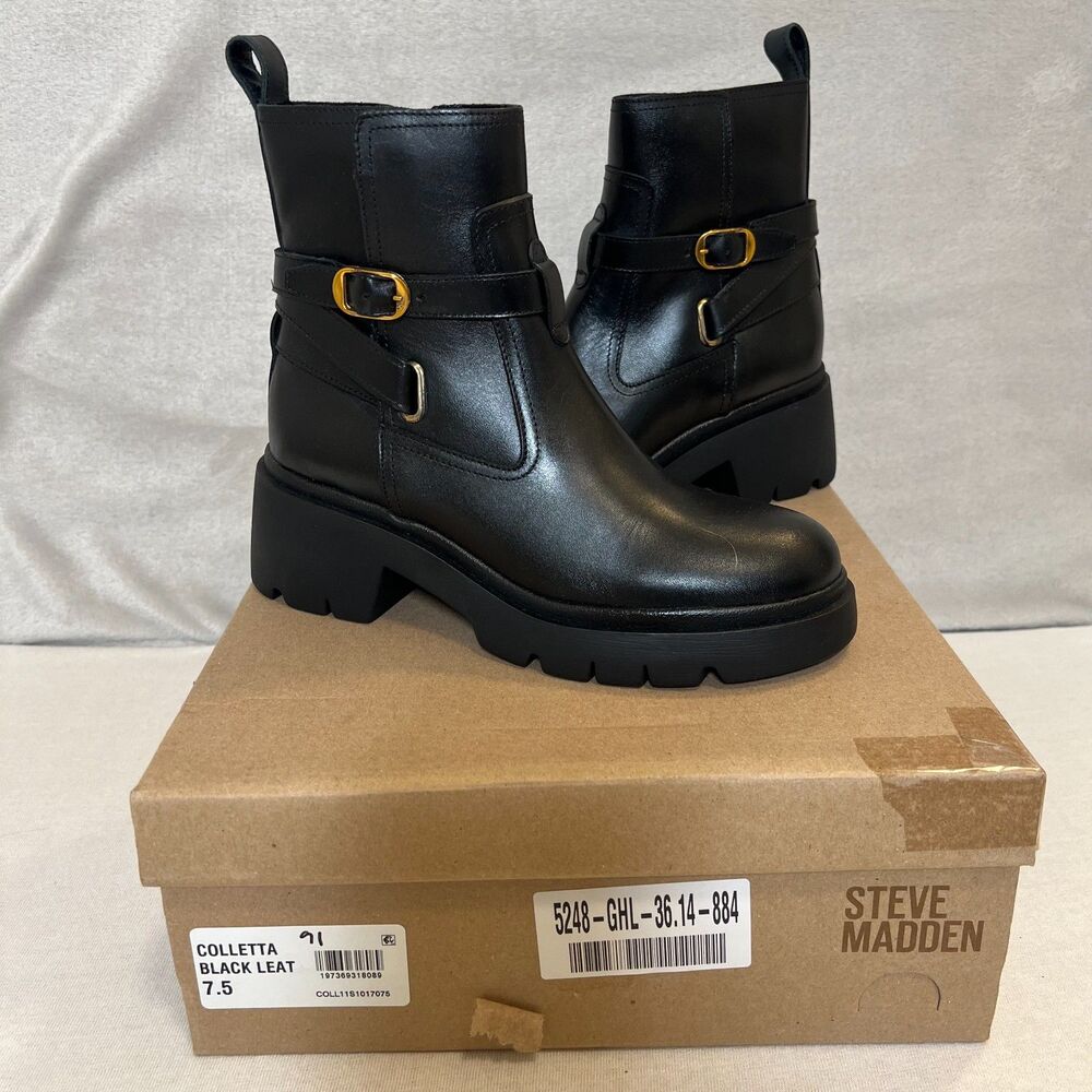 New Steve Madden Colletta Black Leather Ankle Boots Women's 7.5 Buckle Moto